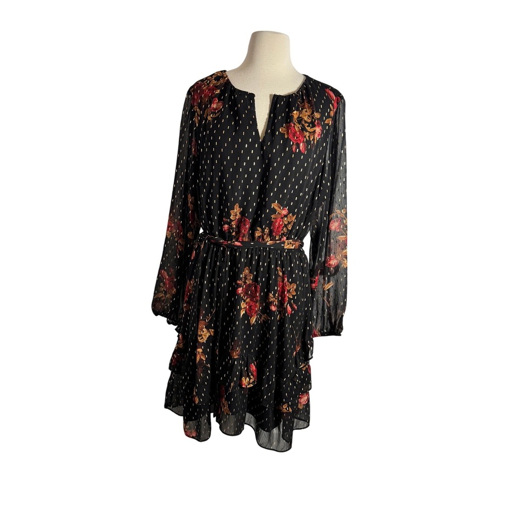 Simply Vera Black Red Rose Floral Metallic Stripe Tiered Ruffle Mini Dress XXL